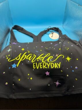 Hand Crafted Black Sports Bra with Neon Yellow 'Sparkle Everyday' Print